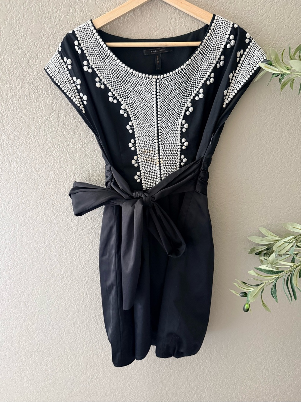 BCBGMaxAzria Black Mini Dress with Pearl Embellished Yoke and Waist Tie